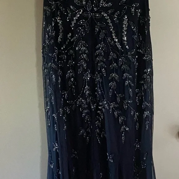 MARINA Midnight Blue Gown with Silver Beaded Leaf Design - Picture 4 of 8